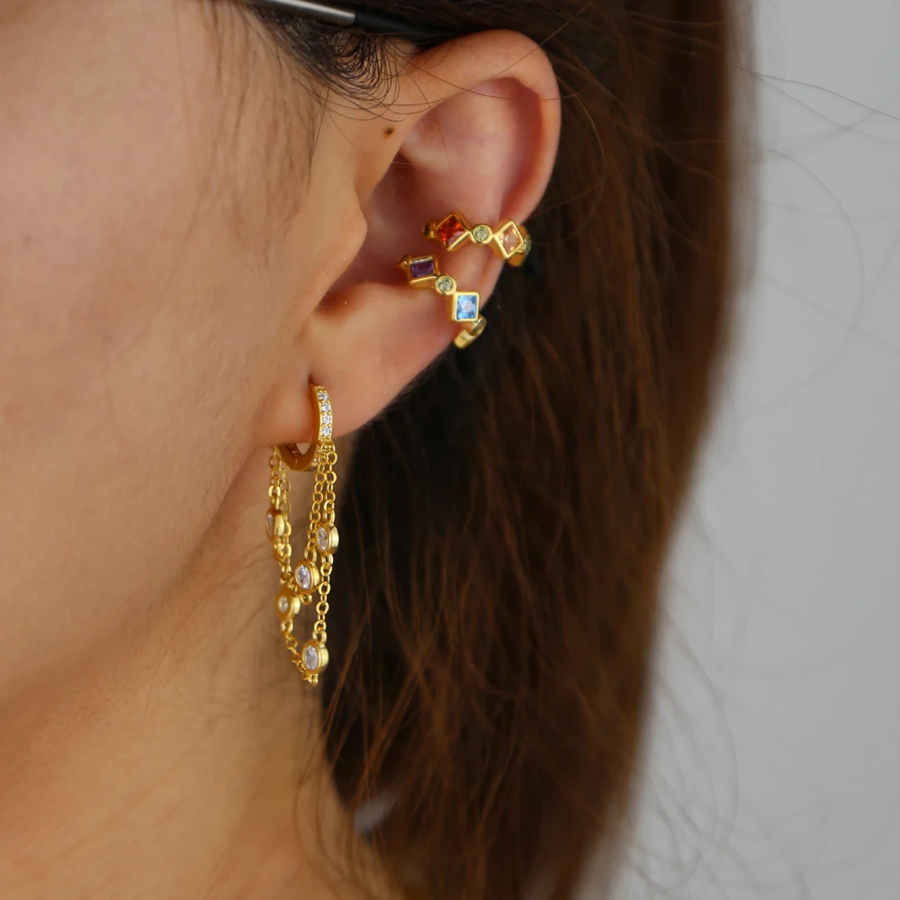 

1 piece cz rainbow design cute fashion luxury no piercing clip on earring ear cuffs women gold filled delicate fashion jewelry