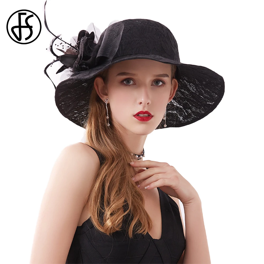 

FS Ladies Lace Wedding Dress Fascinator Kentucky Derby Hats Black Blue Wide Brim Church Hats Women Elegant Vintage Floral Fedora