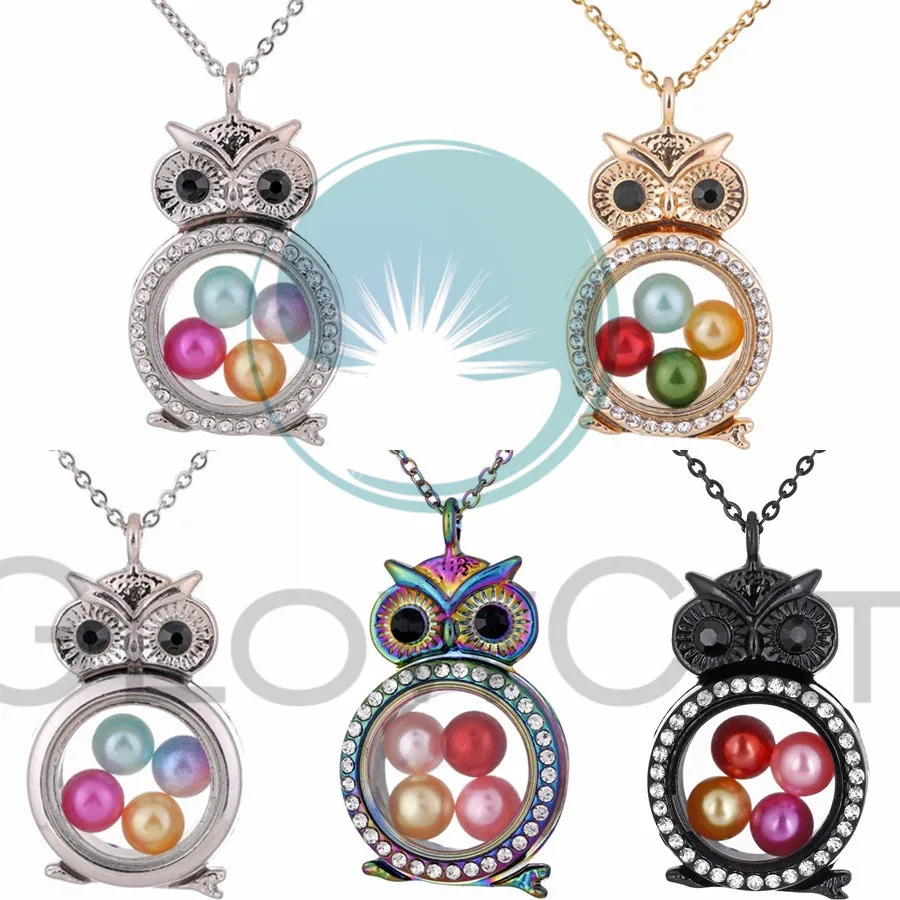 

Owl Glass Locket Necklace Rhinestone Beads Pearl Cage Living Memory Floating Photo Locket Pendant Necklace