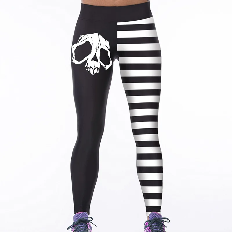 Skull Striped Print Leggings Women Leggins Sport Running Slim Fitness