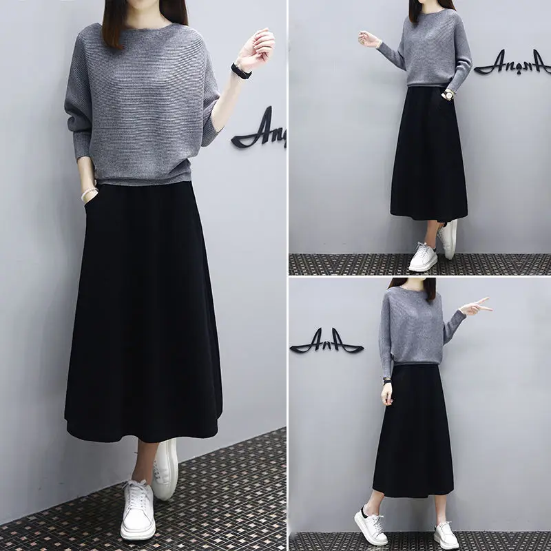 

2019 Spring Autumn 2 Piece Set Women Clothes Plus Size New Fashion Pullover Knitted Top and Skirt Womens Two Piece Sets