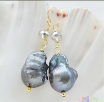 

FREE shipping> >>>> P4497 14x19MM BLACK BAROQUE KESHI REBORN PEARL DANGLE EARRING