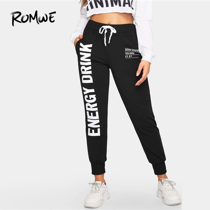 

ROMWE Letter Print Drawstring Pocket Pants 2019 Posh Black Spring Autumn Sweatpants Fashion Pocket Mid Waist Women Trousers