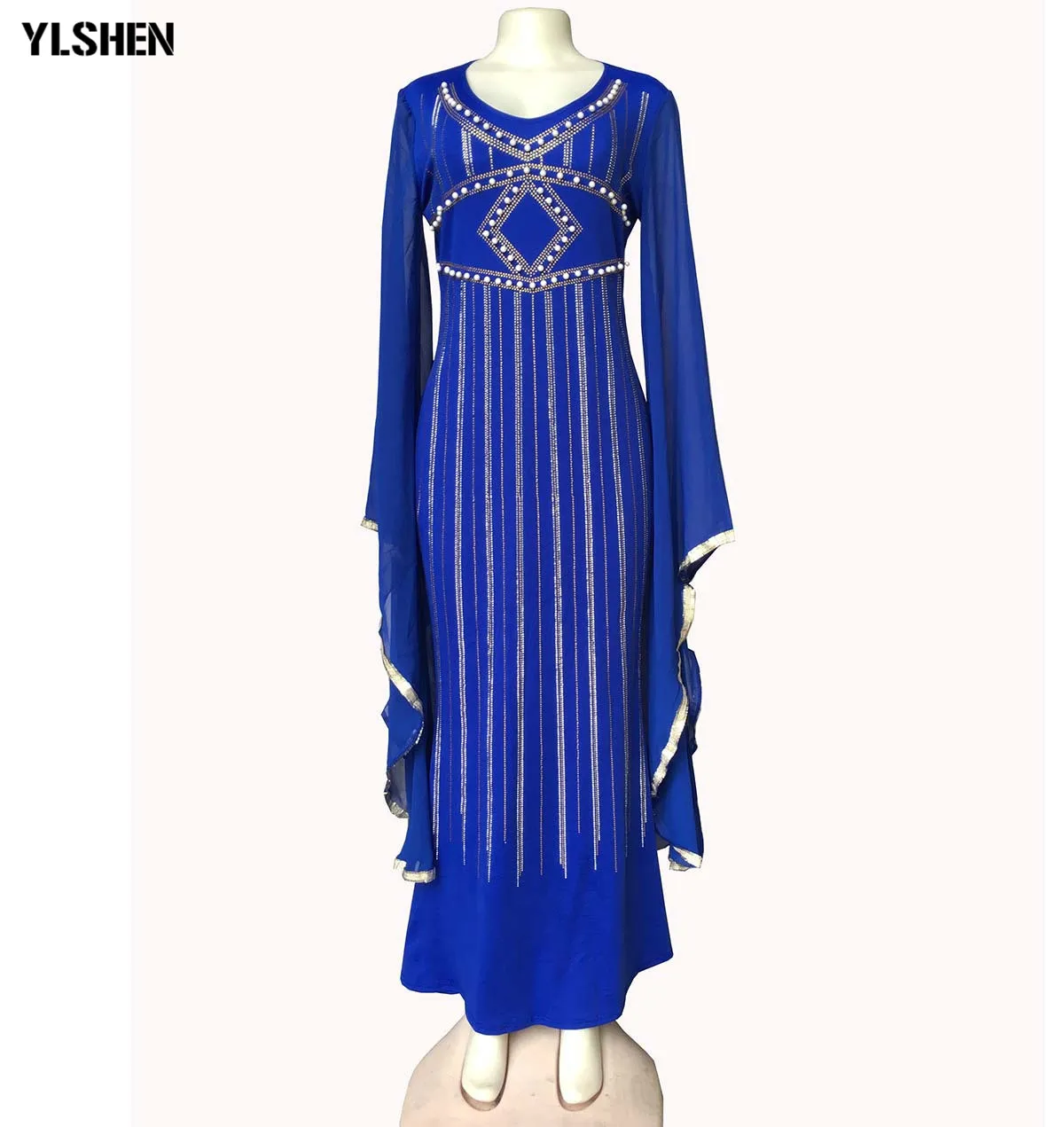 

African Dresses for Women Dashiki Diamond Beading African Clothes Bazin Riche Sexy Chiffon Ruffle Sleeve Robe Evening Long Dress