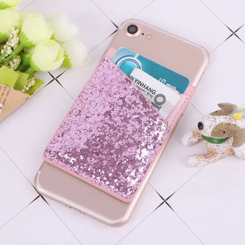 

THINKTHENDO Sequins Leather Credit Card Holder Cell Phone Wallet Pocket Sticker Adhesive Pouch Case