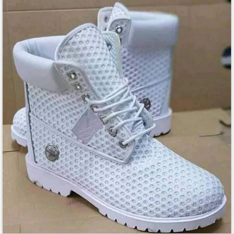 grey and white timberland boots