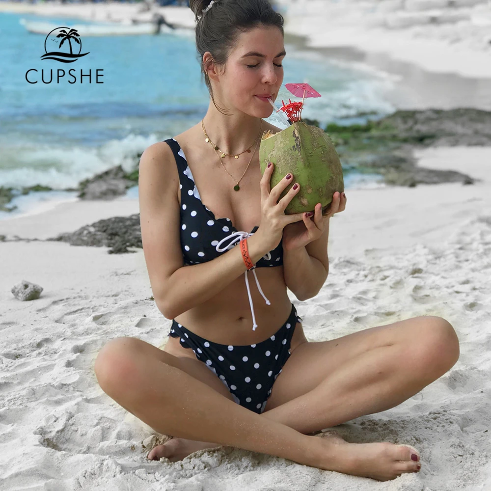 CUPSHE черно белое бикини в горошек наборы для женщин на шнуровке волнистый