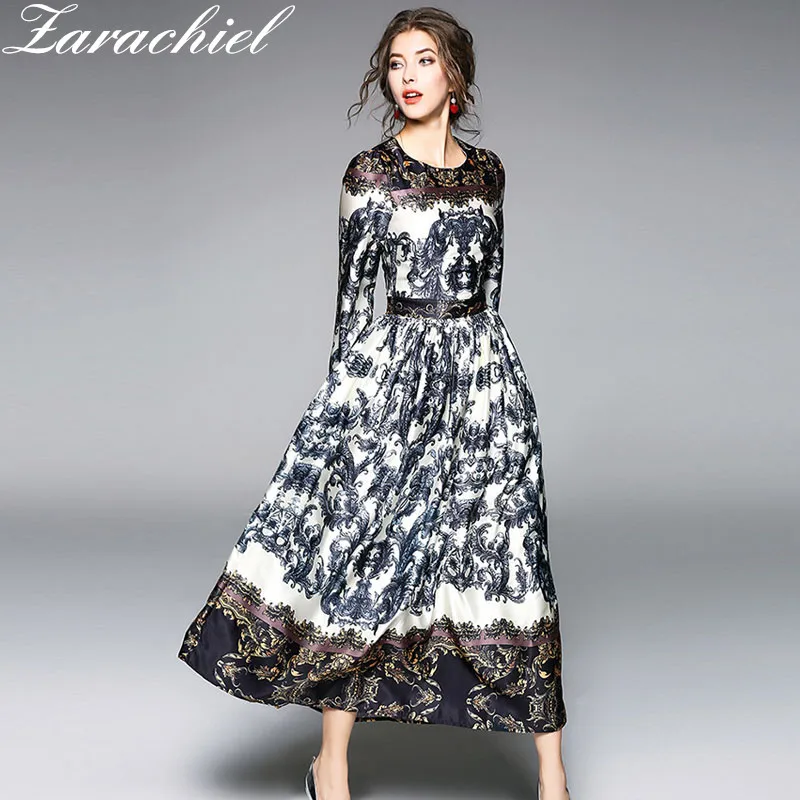 

Vintage Long Maxi Dress New 2019 Women High Quality Tribal Print Runway Dress O-Neck Puff Sleeve Robe Femme Evening Party Dress