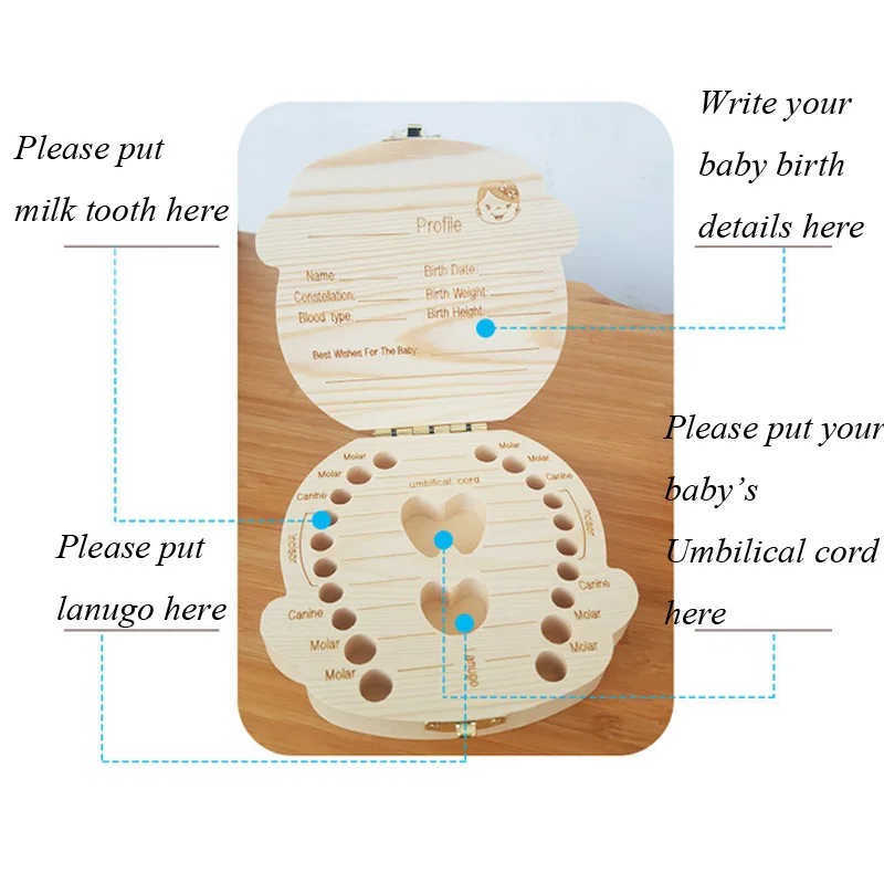Английский/испанский деревянный зуб Коробка органайзер сохранить молочные зубы хранения сбора зубов подарки пуповины Lanugo caja madera