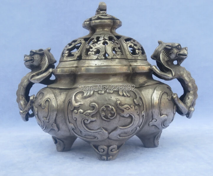 Collectible Old Handwork Tibet Silver Carved Tower Dragon Incense Burner
