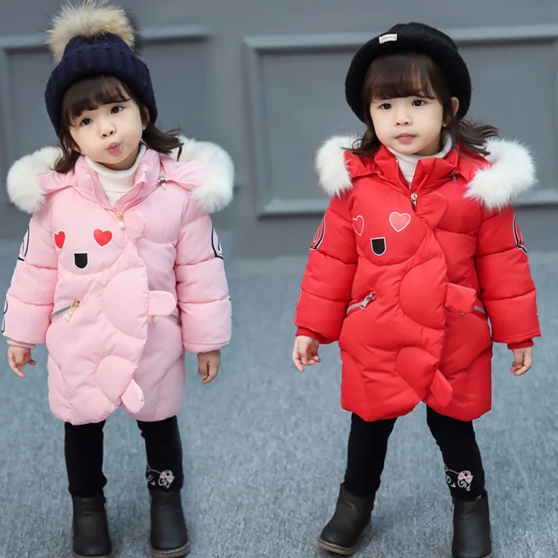 

Kids Girls Winter Coats 2017 New Cute Girl's Hooded Coat With Heart Children's Cotton-padded Jacket Fur Collar Long Jacket JF300