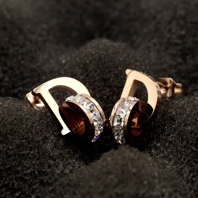 Small and Exquisite D Letters and Crystal Stud Earrings for Women Titanium Steel Brand Jewelry Earrings For Mother’s Day Gift