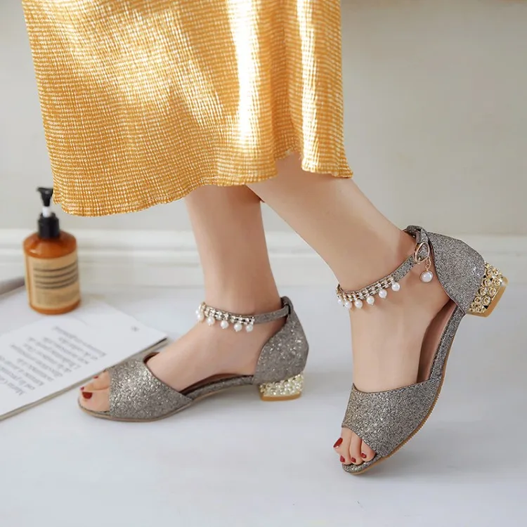 

Big Size 11 12 13 High heels sandals women shoes woman summer ladies Sweet low-heeled fishmouth sequined sandals