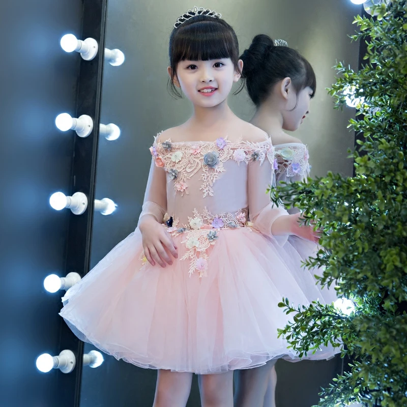 

2017 New Korean Sweet Elegant Children Girls Embroidey Flowers Princess Party Dress Kids Half-Sleeves Birthday Pageant Dresses