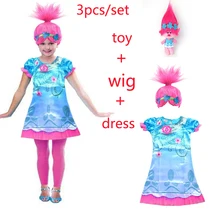 2018 New Carnival Costume Trolls Dress Wig toy For Kids Poppy Lace Dress Baby Girls Moana clothes Children Vaiana Party Vestido girls dresses trolls poppy cosplay costume dress for girl poppy dress streetwear halloween clothes kids fancy dresses trolls wig