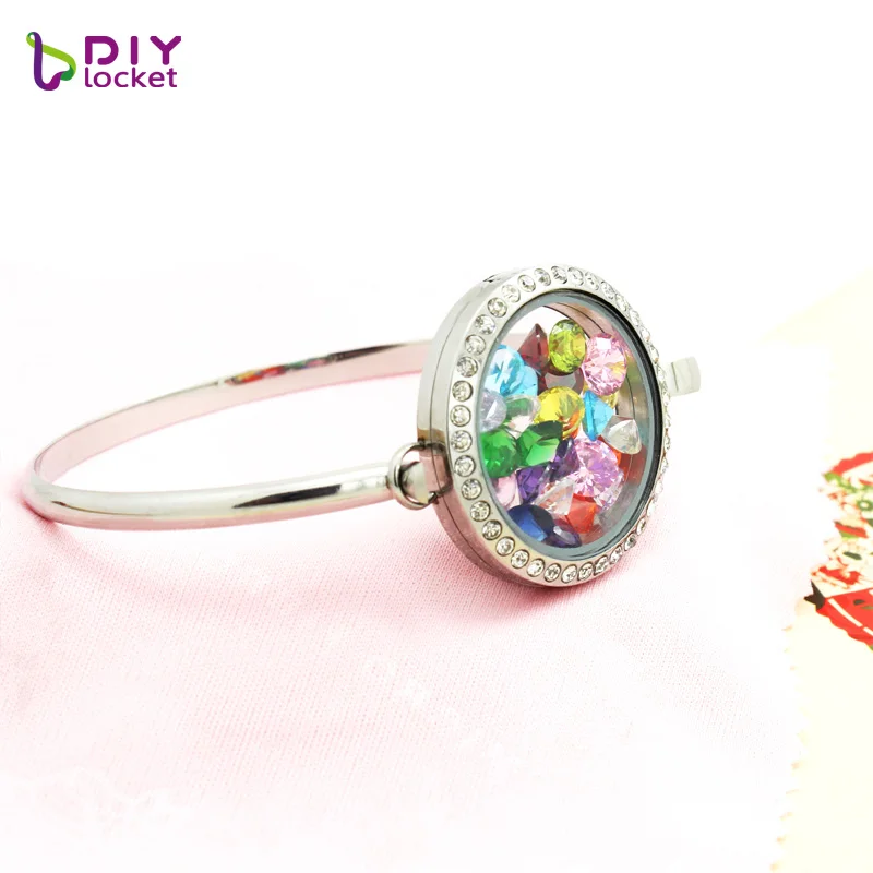 Stainless Steel Round Floating Locket Bracelet Crystal Locket Bracelet