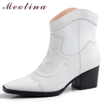 

Meotina Autumn Western Boots Women Natural Genuine Leather Block High Heel Ankle Boots Square Toe Shoes Ladies Winter Size 34-39