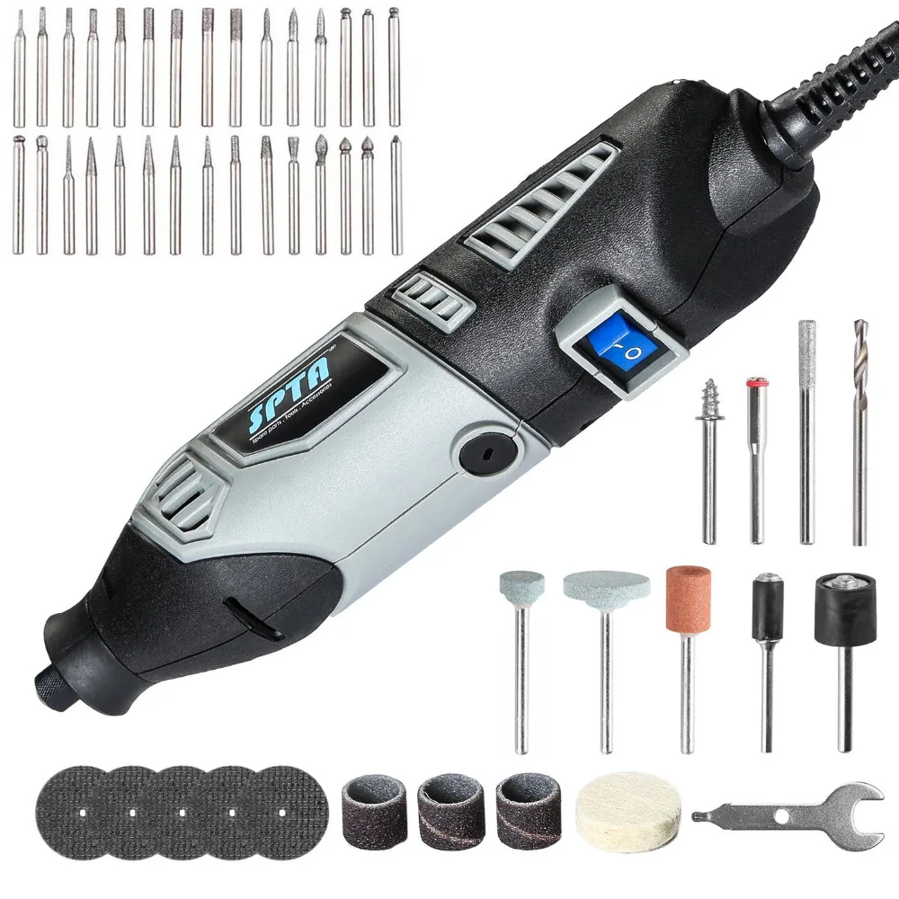 

SPTA 110V 190W Variable Speed Rotary Tool Electric Mini Grinder+30Pcs Diamond Burrs+15Pcs Rotary Tools For Engraving Drilling