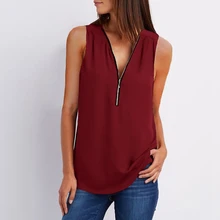 Nova casual chiffon topos mulheres zíper verão v pescoço blusa camisa senhoras elegante sem mangas soltas sólidos camisas das senhoras