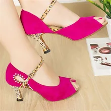 Indoor Girls Salsa Shoes Ballroom Dance Shoes Woman Latin Dance Shoes Ladies Rhinestone Heel Pink Blue Flock Customized Open Toe