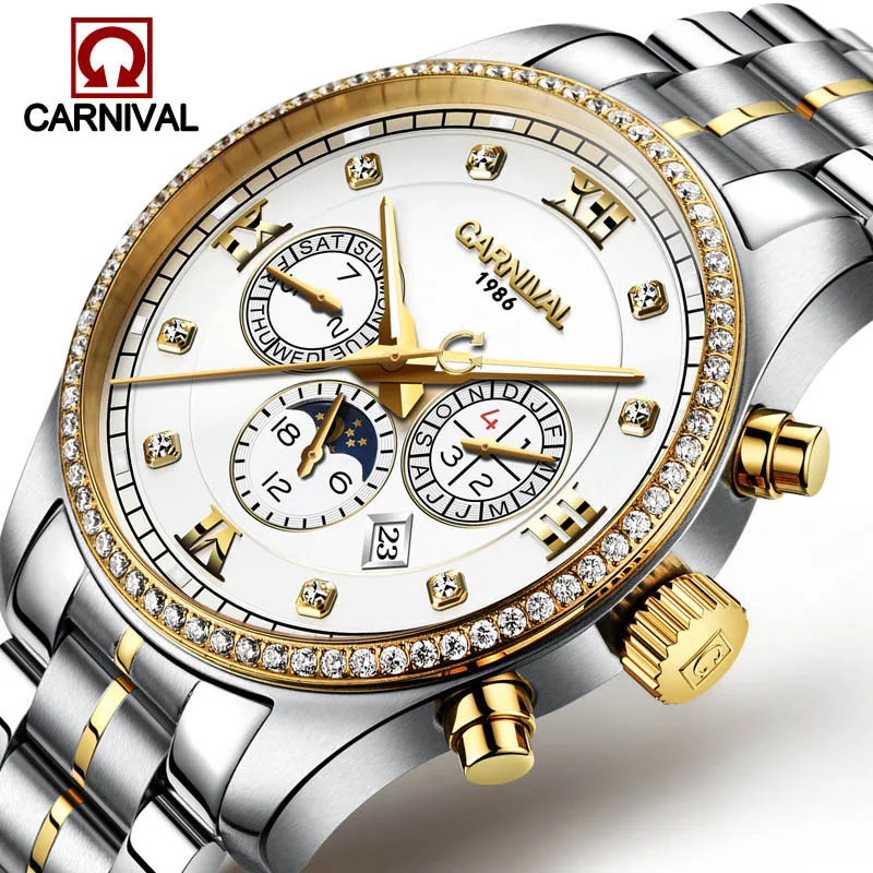 

Fashion Three Dial Design Stainless Steel Golden Men Luxury Brand Automatic Mechanical Watches Moon phase Waterproof Luminous