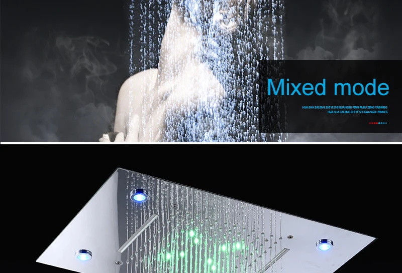 hm Shower System Double Waterfall Rainfall Large Ceiling LED Rain Shower Head Recessed Automatic Color Change Thermostatic Tap (6)