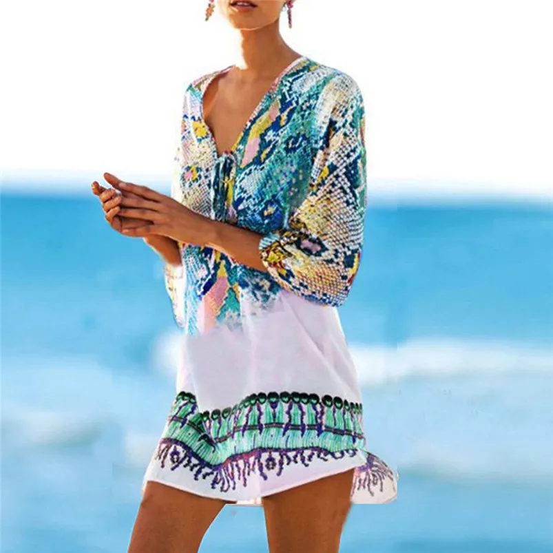 dress female loose of three quarter and mini print deep V neck summer beach dress free size daily casual dropshipping 30AT19