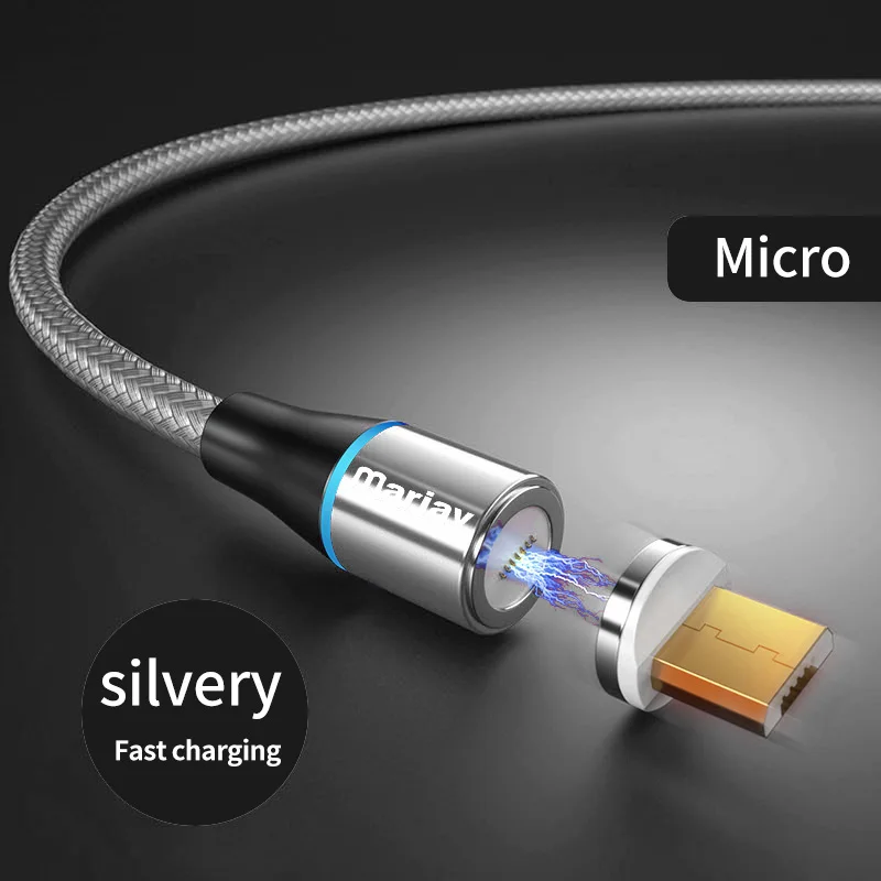 Магнитный кабель Marjay, 2 м, 3 А, быстрая зарядка, 3,0, Micro usb type-C кабель для iphone X Xs Max, samsung, Xiaomi, магнитный шнур для быстрой зарядки - Цвет: Silver For Micro