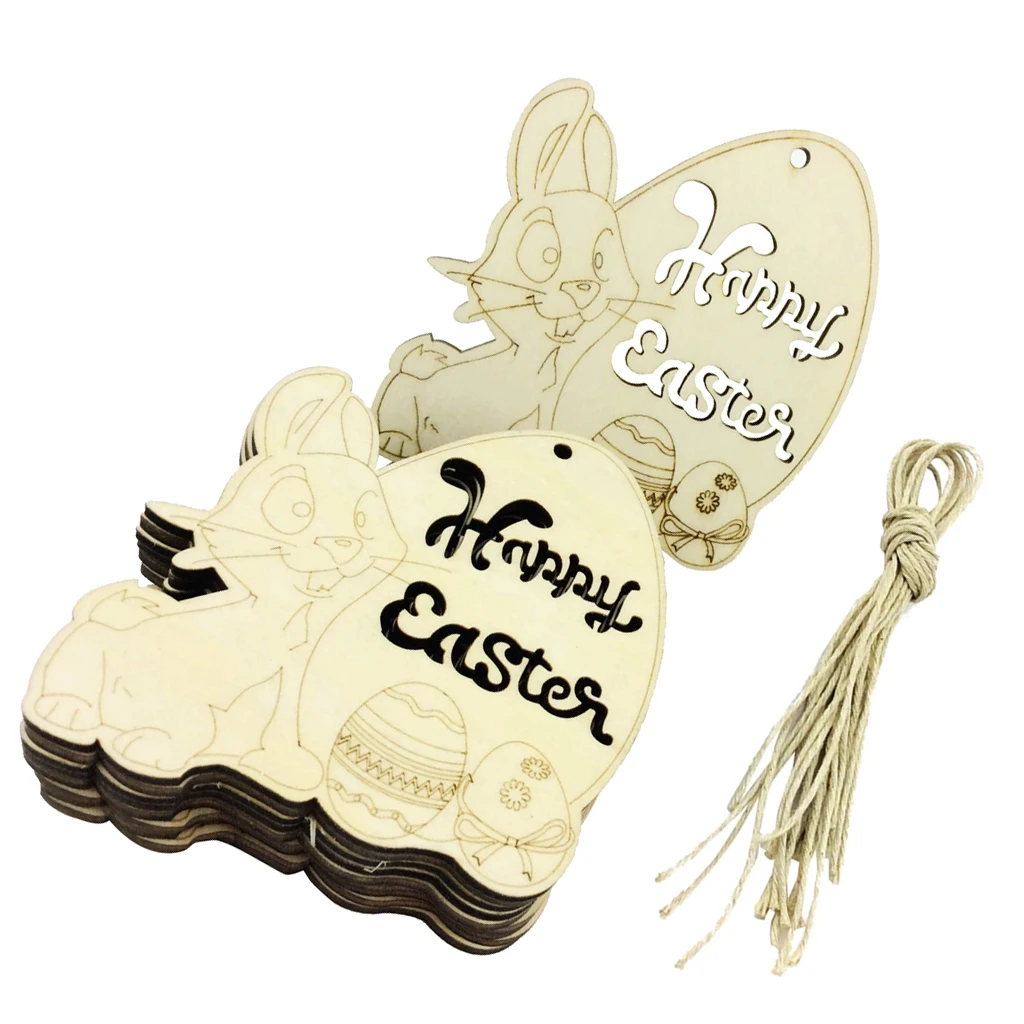New 10pcs Happy Easter Wood Shape Tag Egg Rabbit Hanging DIY Craft Embellishment Christmas Wedding Party Favor Home Decor Gift