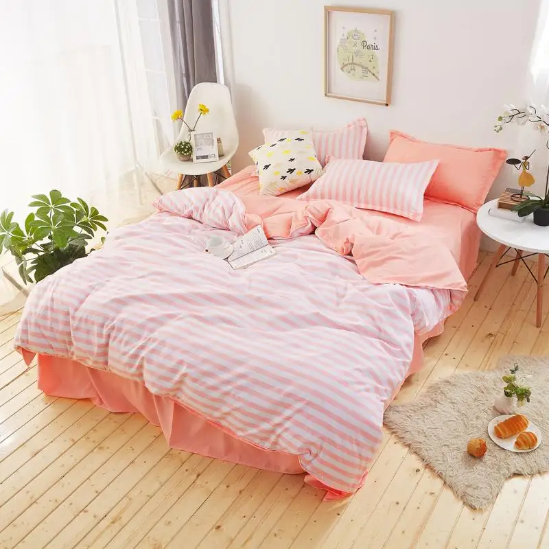 

Simple Bedding Set King Size Striped Bedspread Pink/Blue / Yellow/ Green /Grey Color Bed Sheets