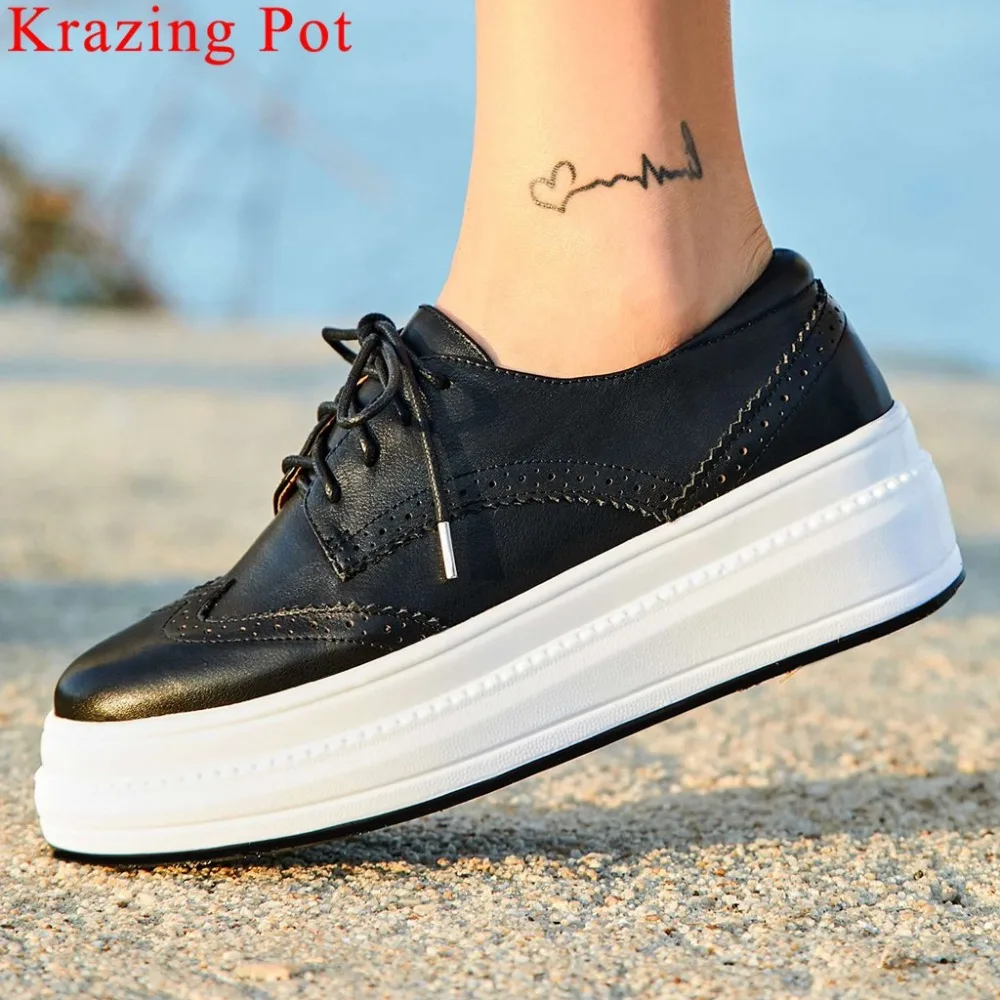 

Krazing Pot genuine leather round toe lace up thick med bottom platform Brogue shoes British style woman vulcanized shoes L18