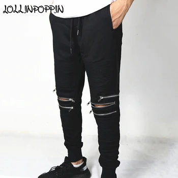 

Knee Zippered Mens Biker Jogger Pants Elastic Waist Pleated Stripes Black Joggers For Men High Street Motorcycle Pants