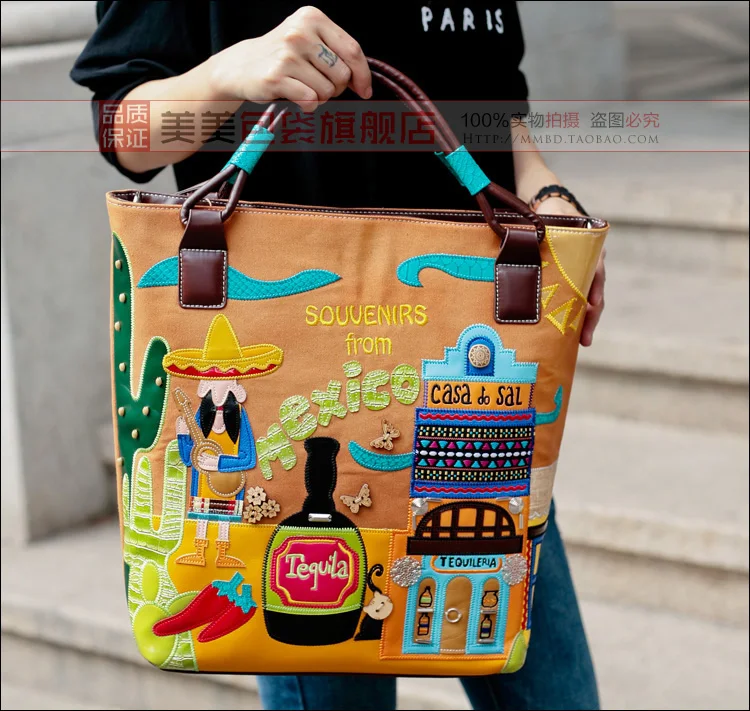 Женские сумки на плечо, тканевая Лоскутная Вышивка, сумка-мессенджер, сумки, сумки в стиле Braccialini, художественный мультфильм, Мексиканский пейзаж