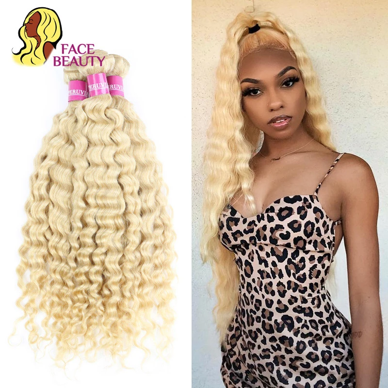 

Facebeauty 613 Platinum Blonde Deep Wave Bundles 12-28 Inch Malaysian Curly Weave 1/3/4 Remy Human Hair Bundles Free Shipping