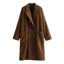 Вельветовое пальто, женская куртка, осень и зима, тренды, Ретро стиль, двубортный, большие карманы, сплошной цвет, Джокер, длинная одежда