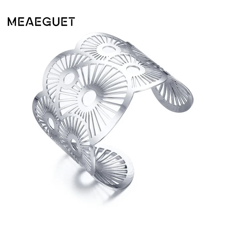 

Meaeguet Lemon Slices Shape Hollow Statement Open Bangle Bracelets For Women Silver Color Stainless Steel Bohemia Jewelry