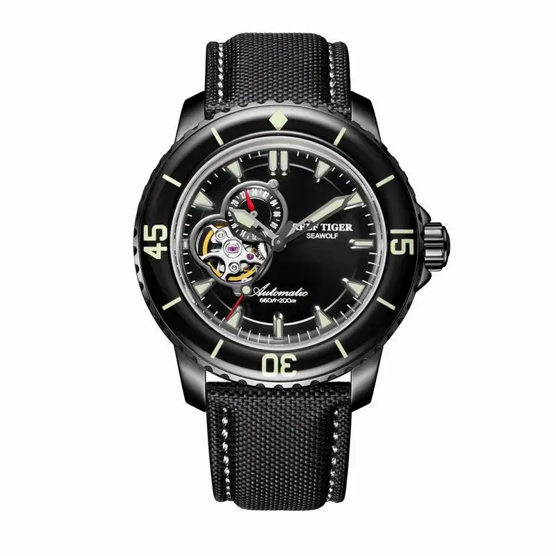 Reef Tiger/RT Mens Dive Watches Nylon Strap Blue Dial Watches Luminous Automatic Watch with Date RGA3039 