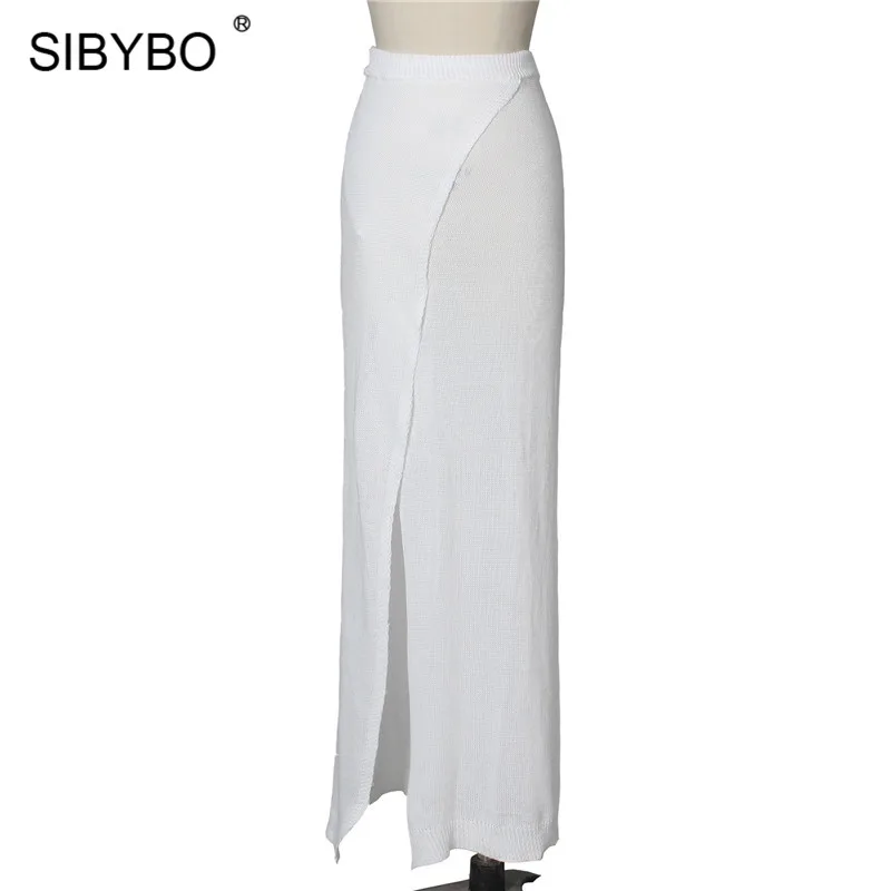 Sibybo, женские вязаные сексуальные юбки с поперечным разрезом, с высокой талией, свободные летние длинные юбки для женщин, пляжная одежда, повседневные женские юбки