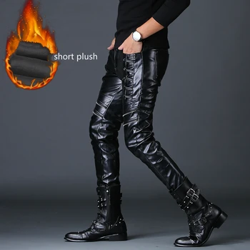 

new arrival men leisure autumn winter warm short plush faux leather pants skinny slip fit full length trousers motorcycle pant