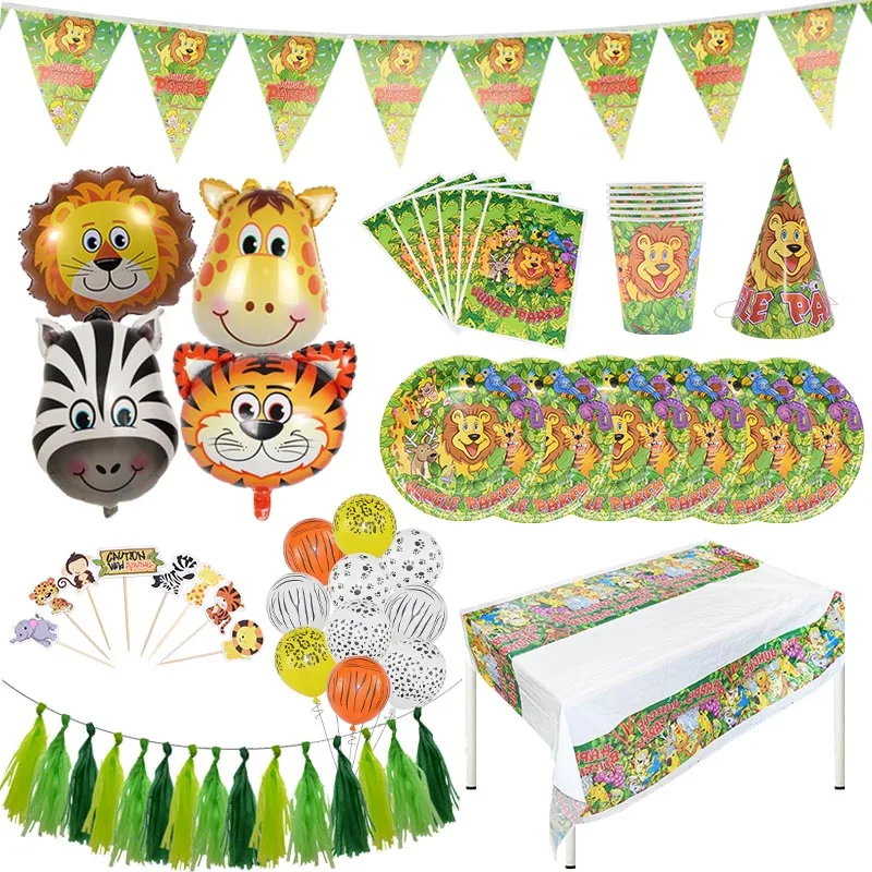Jungle Animal Party Decoration Lion Tiger Foil Balloons Disposable Tableware Paper Plate Cup Napkin Safari Zoo Party Supplies