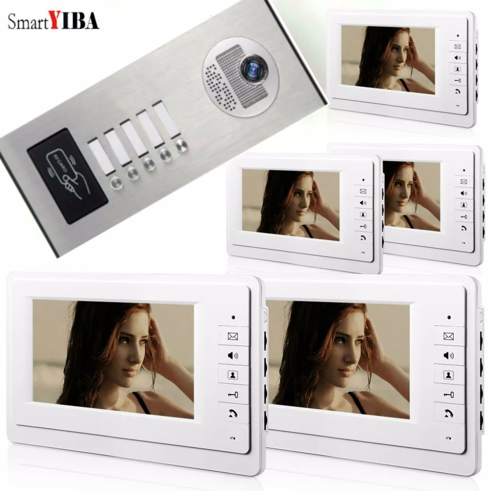 SmartYIBA 7\ Apartment Video Intercom Doorbell Video Door Phone System IR Camera Build-in RFID Reader For 5 house