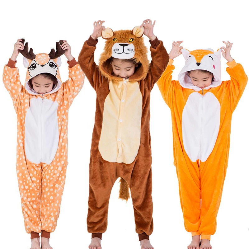 Kids Animal Overalls Kids Onesies Lion Deer Fox Kigurumi Flannel Warm
