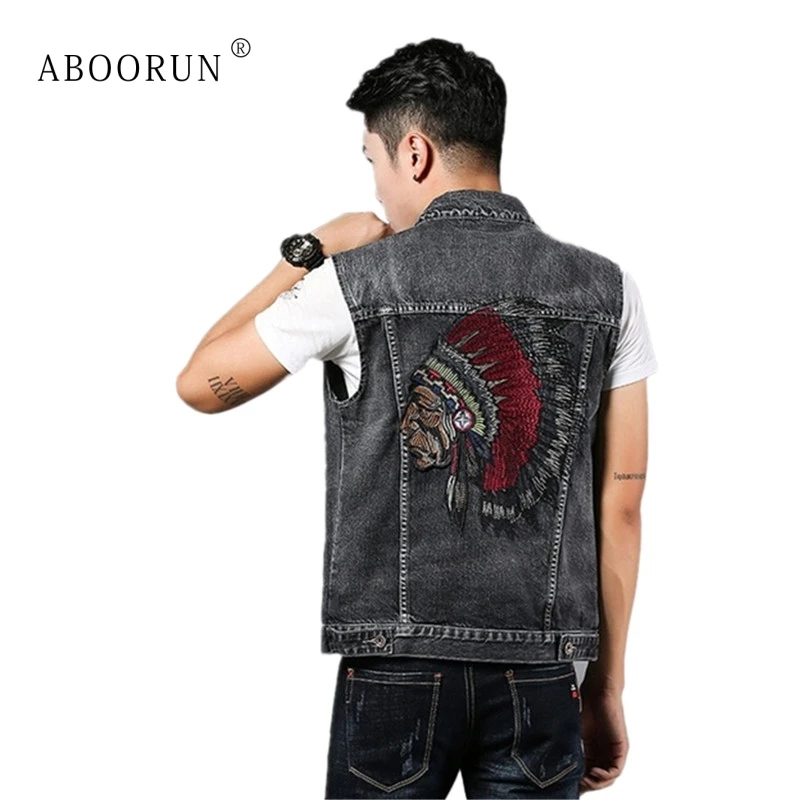 

ABOORUN Men's Fashion Denim Vest Black Embroidery Slim fit Jean Waistcoat Spring Autumn Sleeveless Jacket for Male x1855