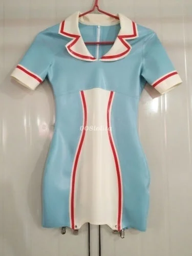 

Gummi Women Skirt Latex Rubber Sexy Dress Light Blue Uniform Suit XXS-XXL