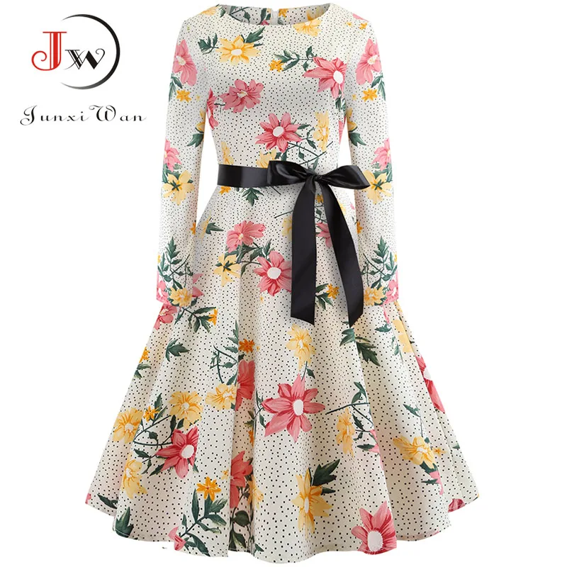 

New Autumn Winter Long Sleeve Vintage Dresses Women Floral Dots Print Casual Dress Office Lady Elegant Party Vestidos Robe