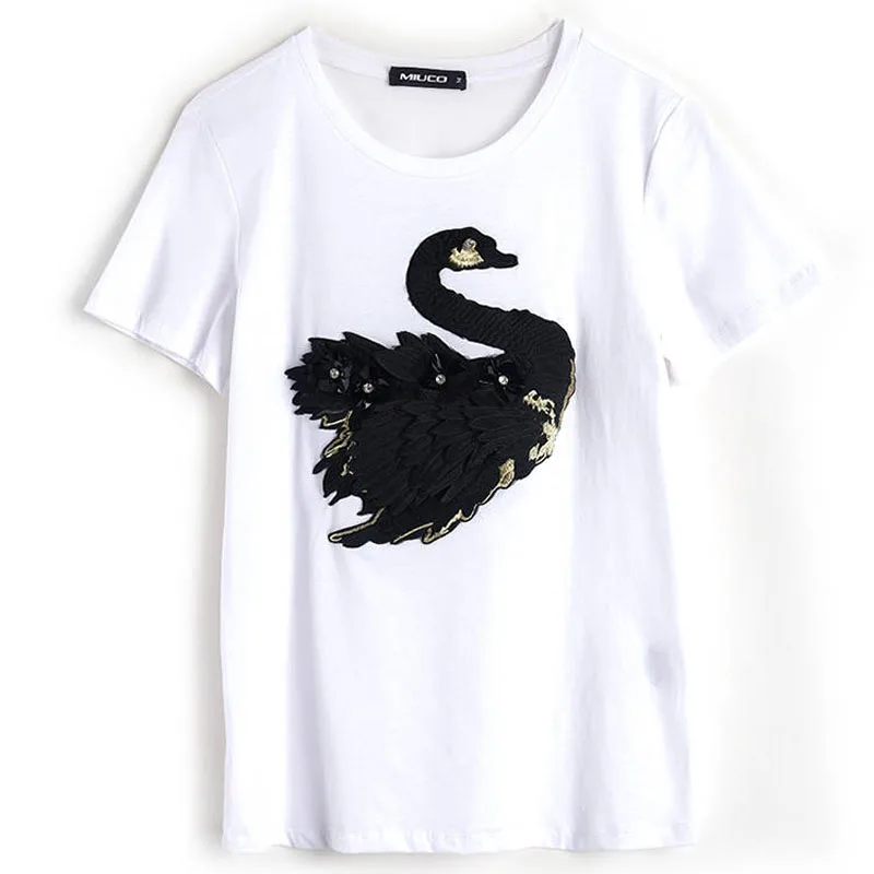 Весна 3D Белый лебедь декор Женская летняя футболка короткий рукав круглый вырез женские футболки