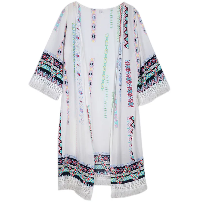 

Bohemian Womens Long Cardigans Summer Seven Sleeve Vintage Ethnic Pattern Print Crochet Tassel Fringed Beach Cover Up Cardigans