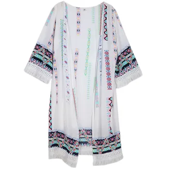 

Bohemian Womens Long Cardigans Summer Seven Sleeve Vintage Ethnic Pattern Print Crochet Tassel Fringed Beach Cover Up Cardigans