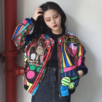 

Sale Autumn Casual Cat Embroidery Bomber Jacket Women Harajuku Graffiti Printing Basic Baseball Jacket Coat Streetwear