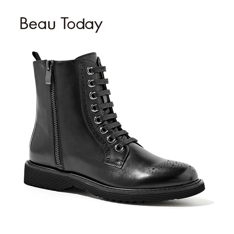 

BeauToday New Ankle Boots Women Handmade Lace-Up Zipper Genuine Calf Leather Handmade Autumn Winter Lady Shoes 04015